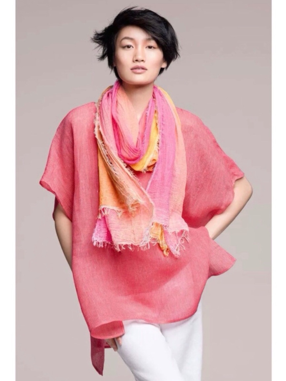 Eileen Fisher Pinstriped Linen Gauze Ballet Neck Boxy Tunic Top in Peony - Picture 4 of 10